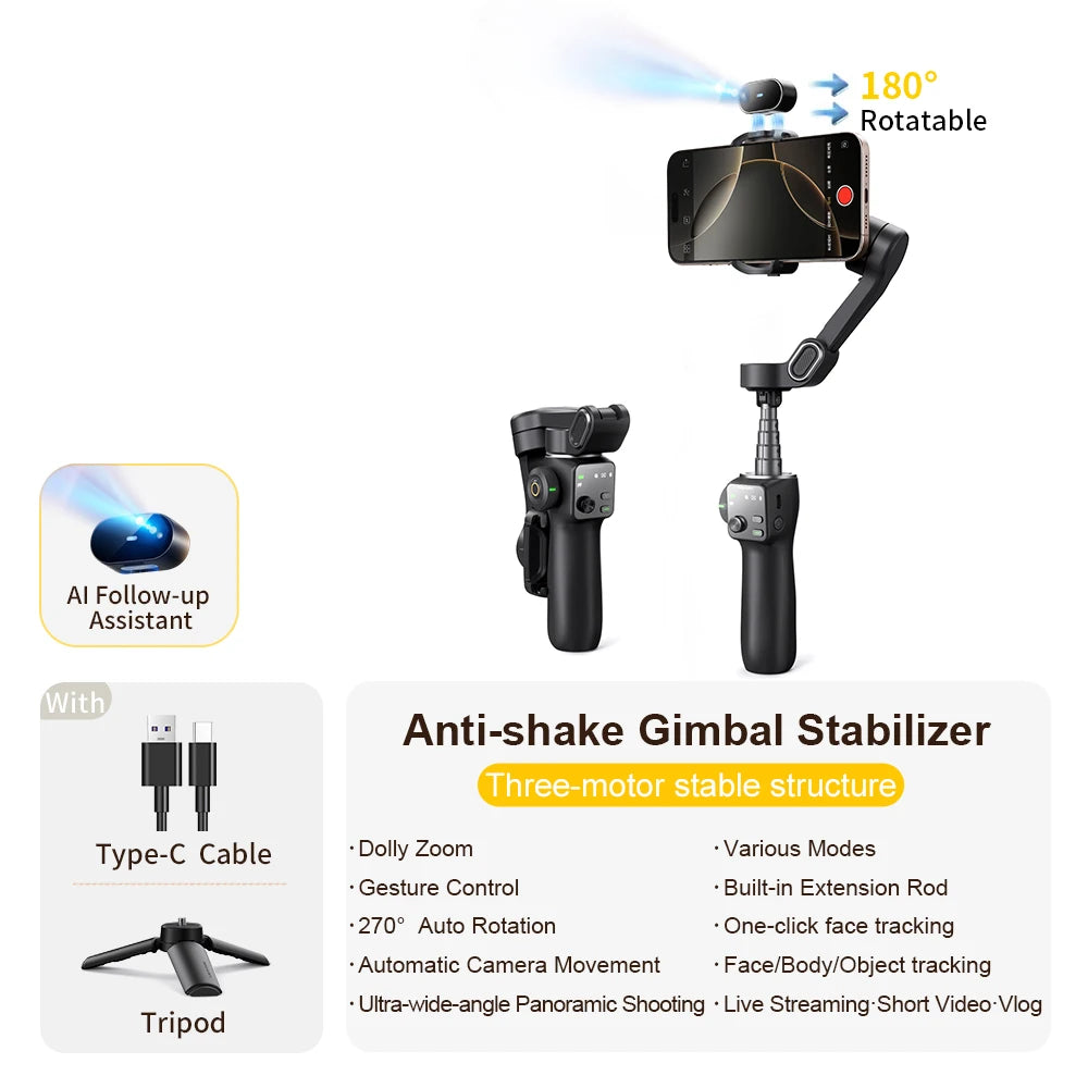 AOCHUAN 3-Axis Handheld Gimbal Phone Stabilizer with Extension Rod 8.0 Anti Shake Face Tracking for Phone Outdoor Shooting Vlog