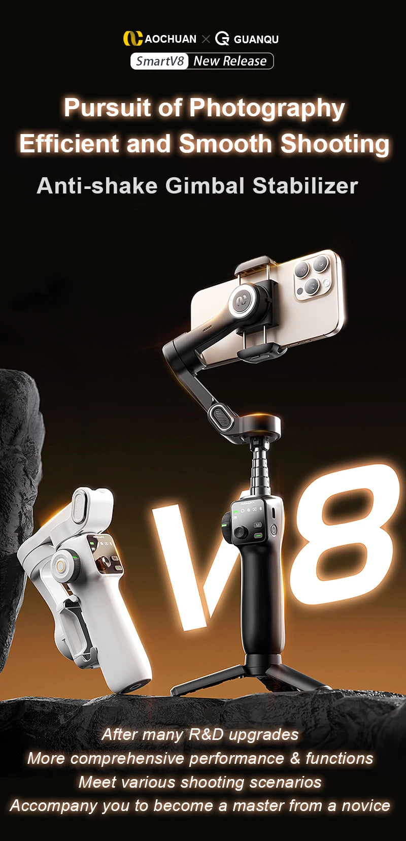 AOCHUAN 3-Axis Handheld Gimbal Phone Stabilizer with Extension Rod 8.0 Anti Shake Face Tracking for Phone Outdoor Shooting Vlog
