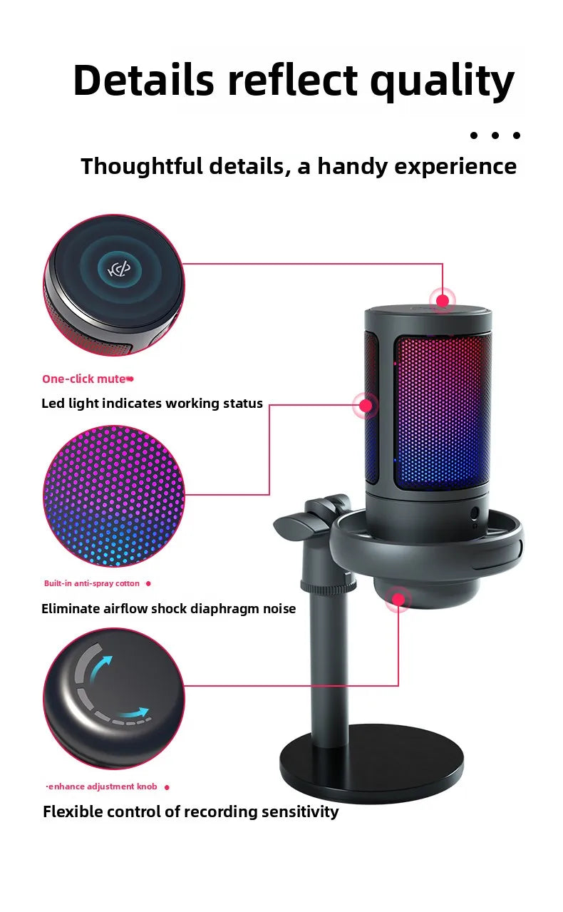 Professional USB microphone with mute function RGB condenser microphone suitable for live video recording, conference recording