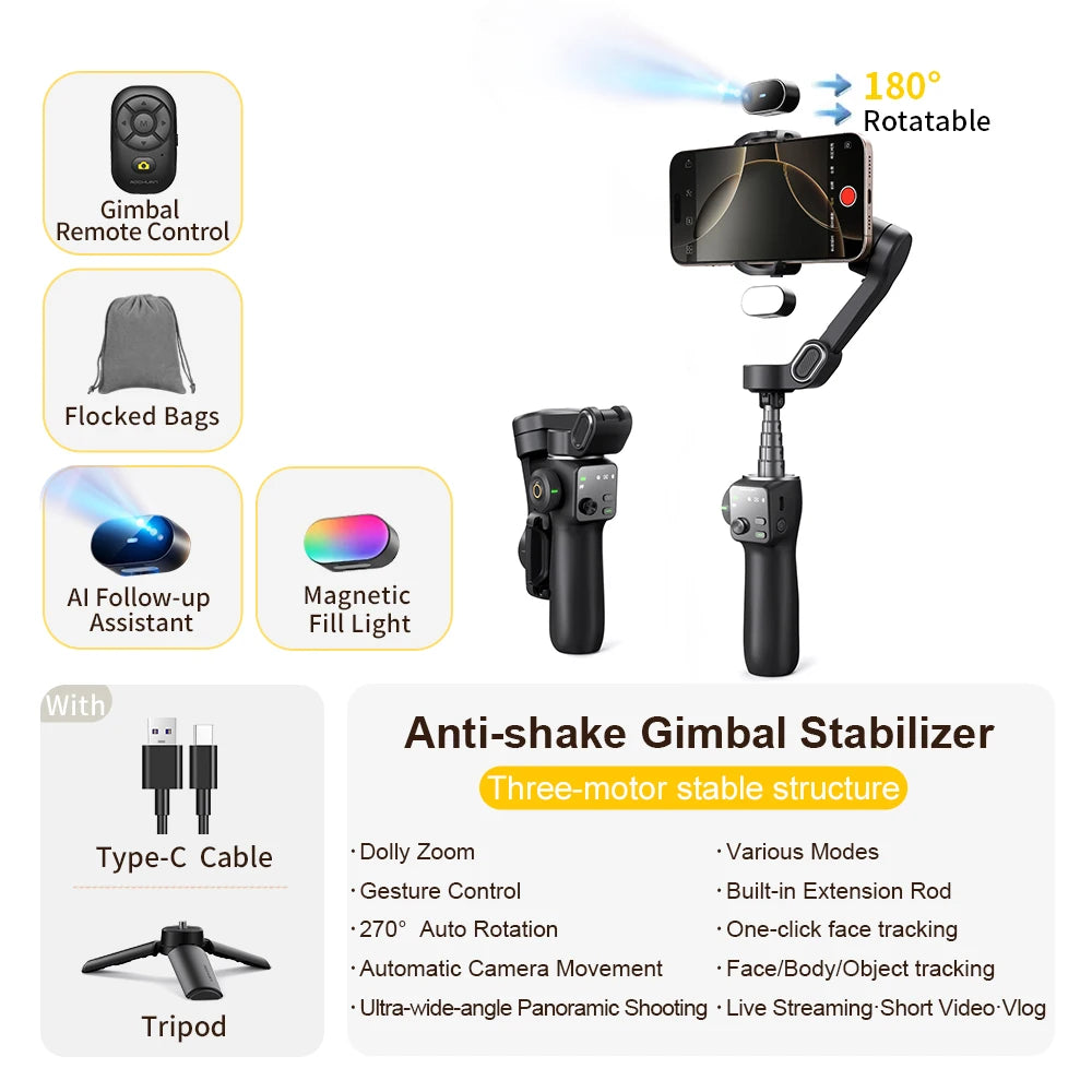 AOCHUAN 3-Axis Handheld Gimbal Phone Stabilizer with Extension Rod 8.0 Anti Shake Face Tracking for Phone Outdoor Shooting Vlog