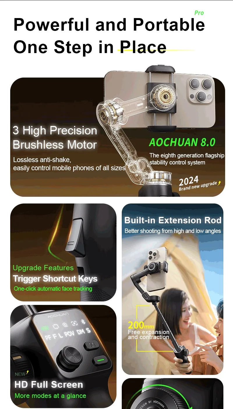 AOCHUAN 3-Axis Handheld Gimbal Phone Stabilizer with Extension Rod  8.0 Anti Shake Face Tracking for Phone Outdoor Shooting Vlog