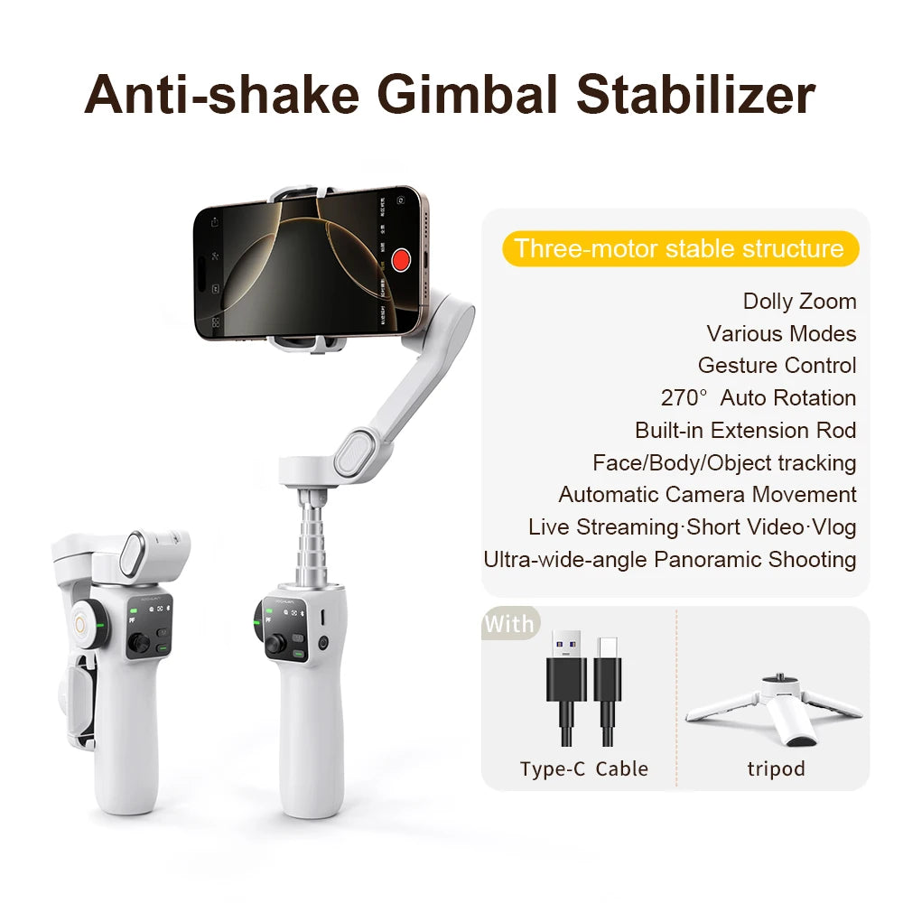 AOCHUAN 3-Axis Handheld Gimbal Phone Stabilizer with Extension Rod  8.0 Anti Shake Face Tracking for Phone Outdoor Shooting Vlog