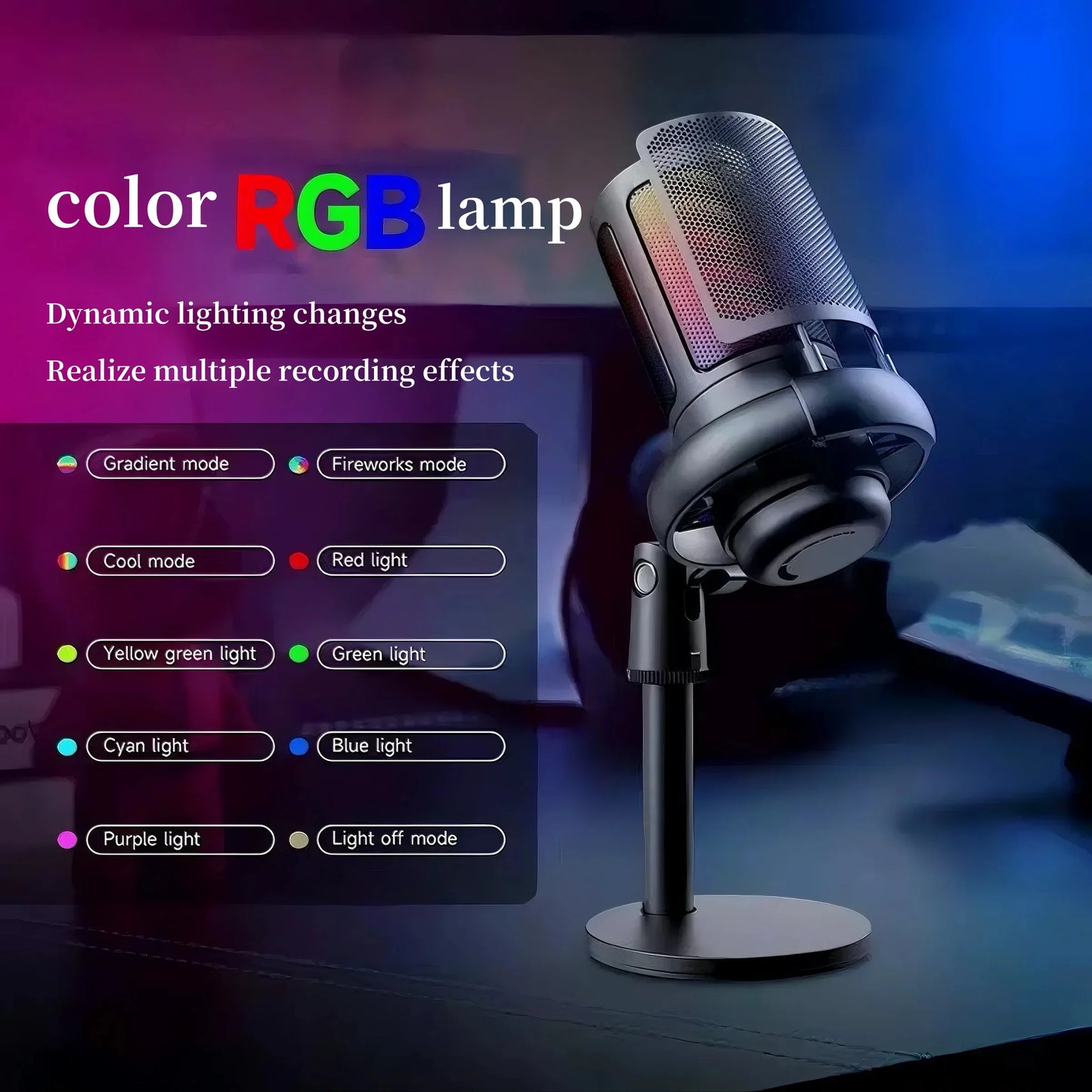 Professional USB microphone with mute function RGB condenser microphone suitable for live video recording, conference recording