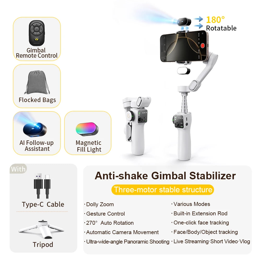 AOCHUAN 3-Axis Handheld Gimbal Phone Stabilizer with Extension Rod  8.0 Anti Shake Face Tracking for Phone Outdoor Shooting Vlog