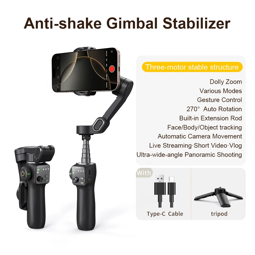 AOCHUAN 3-Axis Handheld Gimbal Phone Stabilizer with Extension Rod  8.0 Anti Shake Face Tracking for Phone Outdoor Shooting Vlog