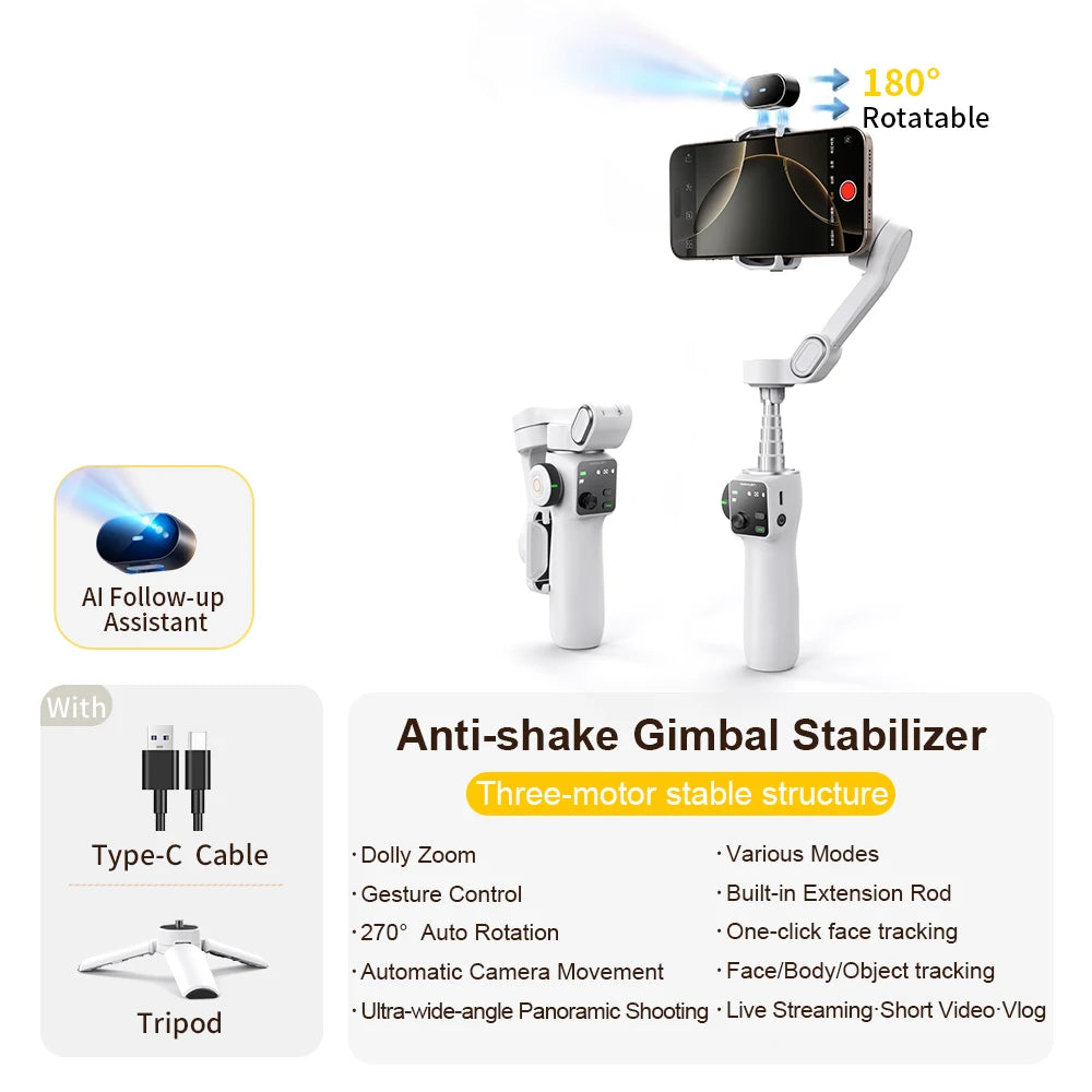 AOCHUAN 3-Axis Handheld Gimbal Phone Stabilizer with Extension Rod  8.0 Anti Shake Face Tracking for Phone Outdoor Shooting Vlog