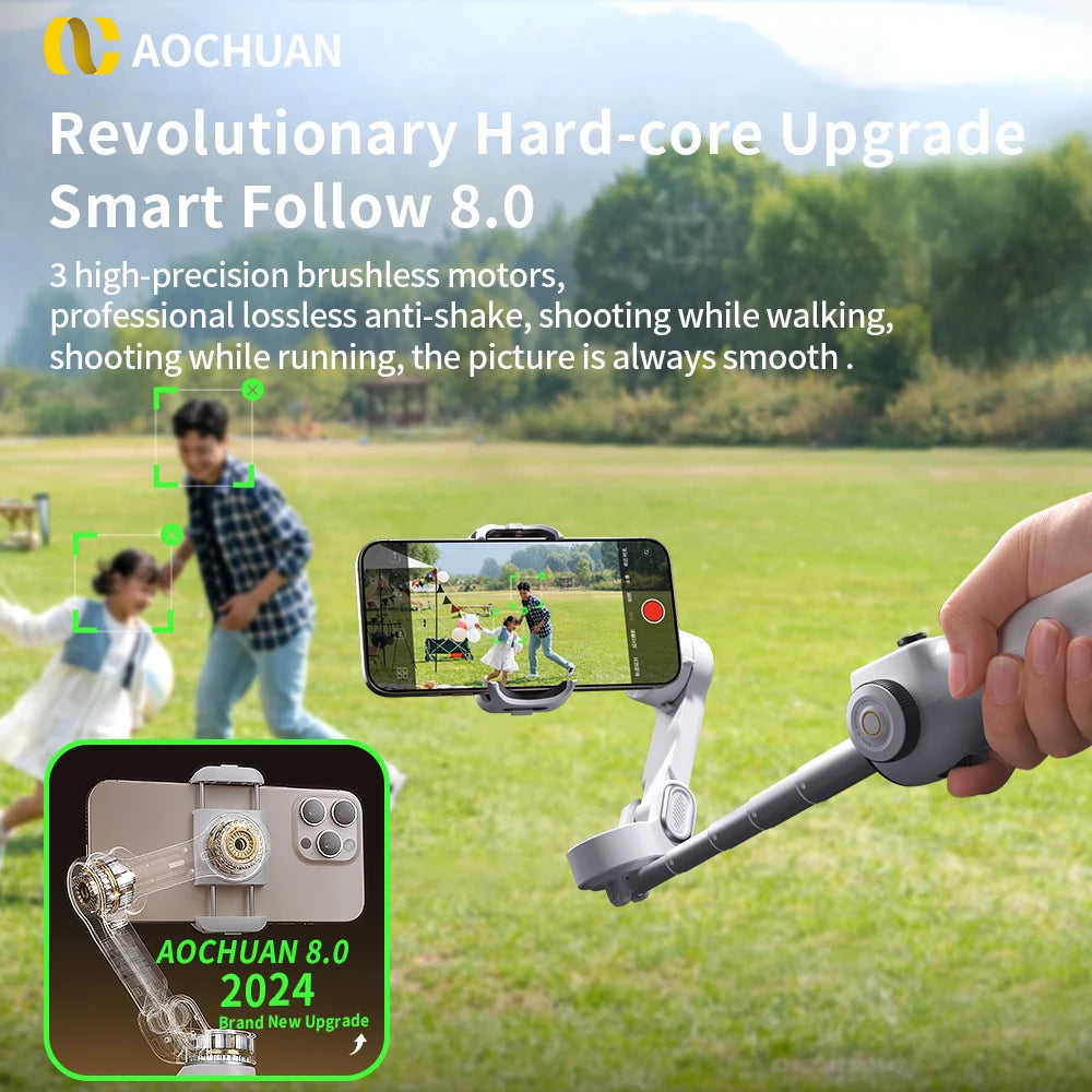 AOCHUAN 3-Axis Handheld Gimbal Phone Stabilizer with Extension Rod  8.0 Anti Shake Face Tracking for Phone Outdoor Shooting Vlog