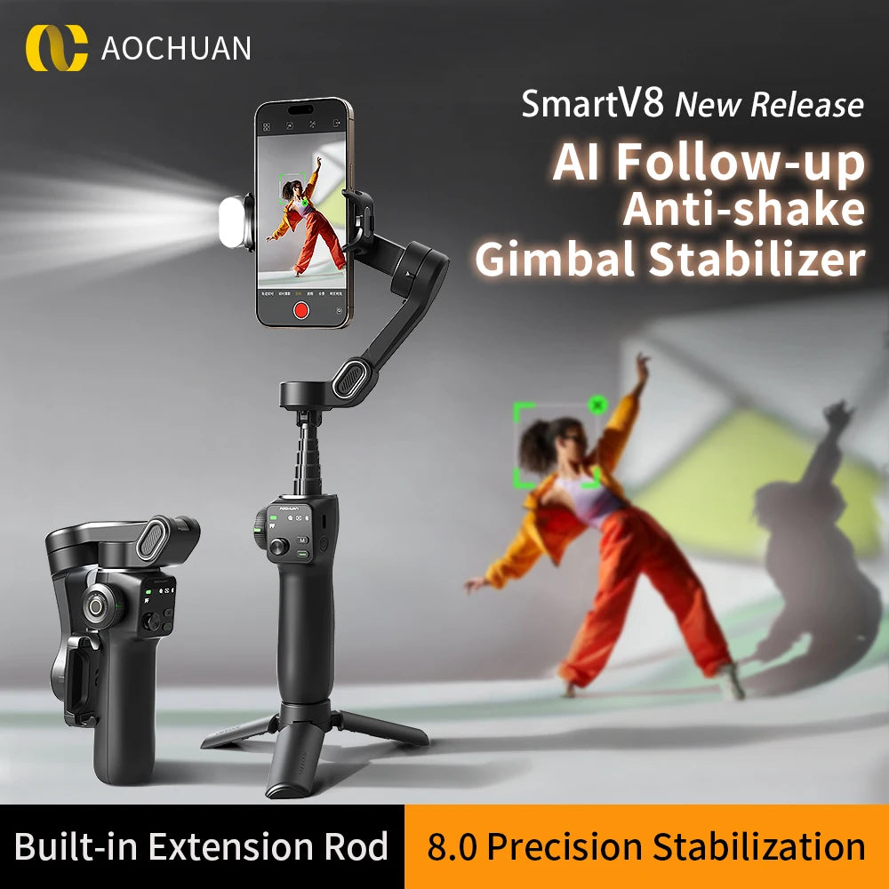 AOCHUAN 3-Axis Handheld Gimbal Phone Stabilizer with Extension Rod  8.0 Anti Shake Face Tracking for Phone Outdoor Shooting Vlog