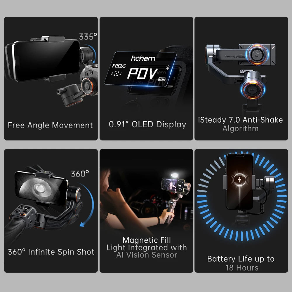 hohem iSteady M6 Kit 3-Axis Smartphone Gimbal Stabilizer Anti-shake Phone Vlog Gimbal 360° Rotatable OLED Large Screen with AI V