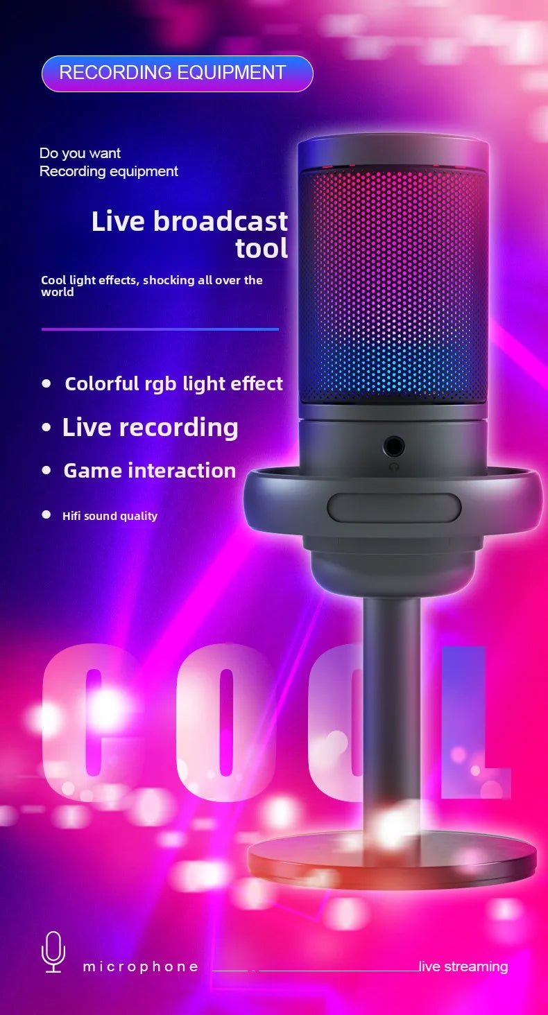 Professional USB microphone with mute function RGB condenser microphone suitable for live video recording, conference recording