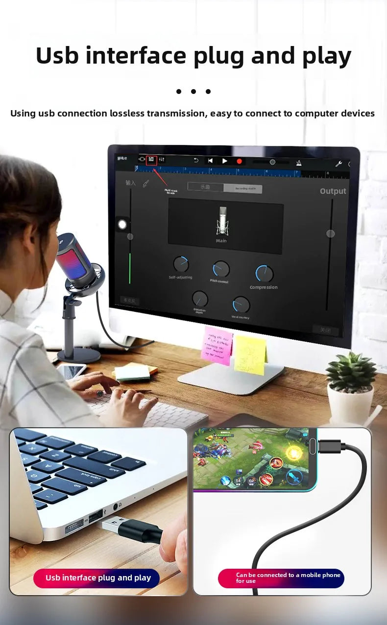 Professional USB microphone with mute function RGB condenser microphone suitable for live video recording, conference recording