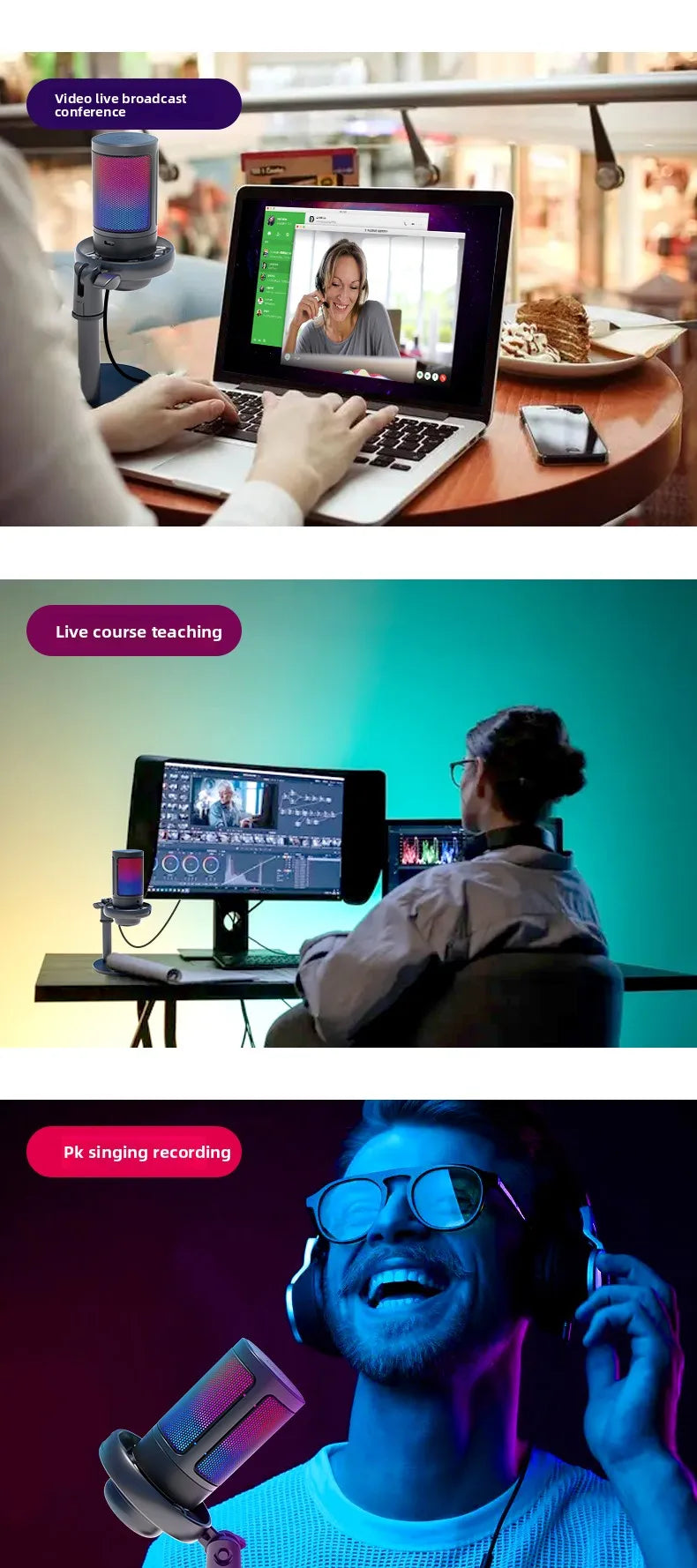 Professional USB microphone with mute function RGB condenser microphone suitable for live video recording, conference recording